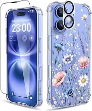 for iPhone 16 Case, 3 in 1 Screen & Lens Protectors, Floral Cover | Soft TPU Material | Flower Design | Shockproof | Designed for Women Girls,Blushing Meadow