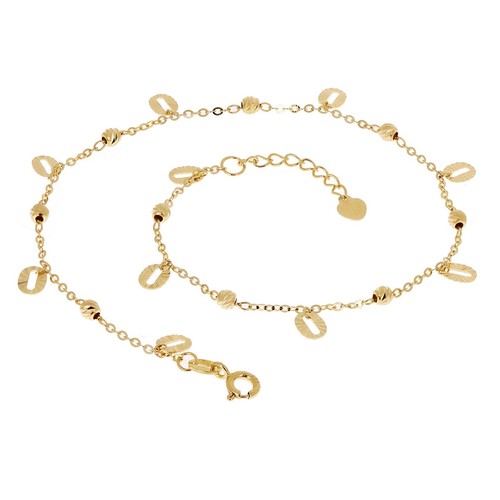 Italian 14k Yellow Gold Diamond-Cut Bead Station Anklet Adjustable 9.5-10" 2.2g