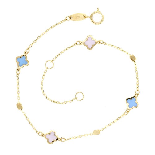 Italian 14k Yellow Gold Enamel Flower Charm Station Bracelet 7" 1 gram