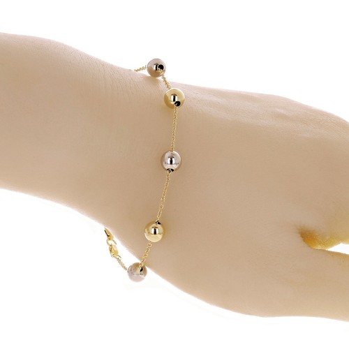 Italian 14k Yellow & White Gold Ball Bead Station Bracelet 7.5" 6mm 2.2 grams