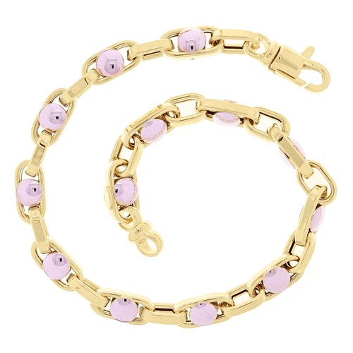 Italian 14k Yellow & White Gold Ovall Round Beads Links Bracelet 8.5" 5.5mm 8.4g