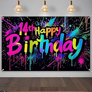 IVN 14th Happy Birthday Banner 71x43 Inch Rainbow Neon Splatter Entryway | Polyester 14th Happy Birthday Rainbow Neon Splatter design for birthday party wall display and photo booth celebration decor