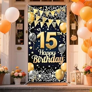 IVN 15th Birthday Door Cover 71x35 Inch Gold Glitter Birthday Banner for Party Decorations Balloons Stars Fireworks Backdrop Sign for Men Women Photo Booth Prop Wall Decor