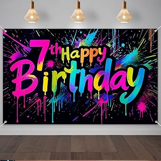 IVN 7th Happy Birthday Party Banner 71 x 43 Inches Rainbow Neon Splatter Background Indoor Outdoor Decorations and Photo Booth Photography for Home and Events Wall Entryway Backdrop Banner Decor
