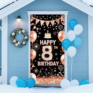 IVN 8th Birthday Door Cover 71x35 Inch Rose Gold Black Banner With Balloons Cake Confetti And Glitter For Party Decorations Backdrop Sign For s Photo Booth Prop Wall Decor
