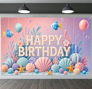 IVN Birthday Decoration Banner 71x43 Inch Under The Sea Ocean Theme Happy Birthday Backdrop with Shells Fish Balloons Coral for Party Wall or Photo Booth Decor