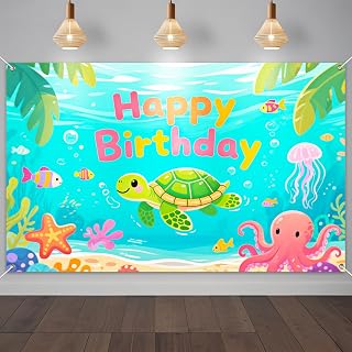 IVN Cute Sea Turtle Backdrop Banner 71x43 Inch Happy Birthday Ocean Party Decorations Photography Background Photo Booth Props for Men Women
