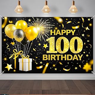 IVN Happy 100th Birthday Backdrop Banner 71x43 Inch Black and Gold Hundred Birthday Party Decorations Photography Background Photo Booth Props for Men Women