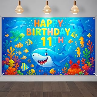 IVN Happy 11th Birthday Backdrop Banner 71x43 Inch Ocean Theme Under the Sea Birthday Party Decorations Photography Background Photo Booth Props for