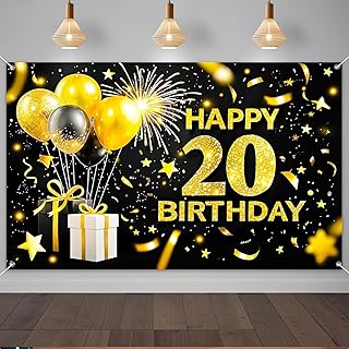 IVN Happy 20th Birthday Banner 71x43 Inch Black Gold Twentieth | Happy 20th Birthday Black Gold Twentieth design for birthday party wall display and photo booth celebration decor