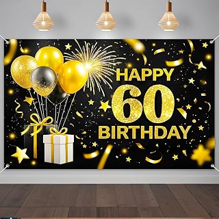 IVN Happy 60th Birthday Backdrop Banner 71x43 Inch Black and Gold Sixtieth Birthday Party Decorations Photography Background Photo Booth Props for Men Women