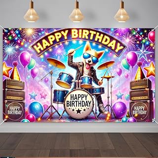 IVN Happy Birthday Banner Rock Star Dog Party Backdrop 71x43 Inch Cool Chihuahua Drummer Balloons Confetti Music Theme Decor for Pet Owners and birthday Celebrations for birthday celebrations or party guests gifts