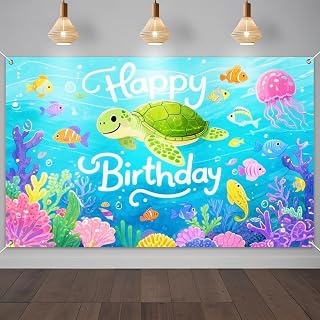 IVN Happy Birthday Decorations Banner 71x43 Inch Backdrop Sea Turtle and Whale Ocean Cartoon Scene Poster for Men Women