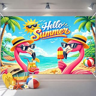 IVN Hello Summer Banner 71x43 Inch Polyester Hawaiian Banner Beach Backdrop Flamingo Luau Backdrop for Summer Party Decorations Hawaiian Party Decorations Beach Theme Party Decorations Hawaiian Decorations for Party Beach Party Decorations Photo Booth Bac