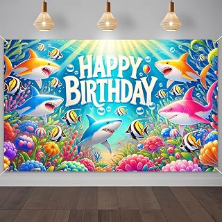 IVN Shark Ocean Theme Backdrop Banner 71x43 Inch Happy Birthday Underwater Party Decorations Photography Background Photo Booth Props for Men Women