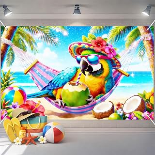 IVN Summer Banner 71x43 Inch Tropical Parrot Beach Hawaii Nautical Drinks 5 | Polyester Summer Tropical Parrot Beach Hawaii Nautical design for luau pool beach patio wall and summer party decor