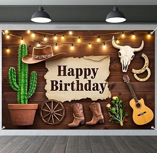 IVN Western Cowboy Banner 71x43 Inch Happy Birthday Country Wild West Wood | Polyester Western Cowboy Happy Birthday Country Wild design for birthday party wall display and photo booth celebration decor