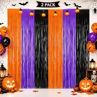 JINSUI Halloween Decorations Orange Purple Black Tinsel Backdrop 2 Pack | Foil Fringe Curtains Door Decor, Photo Booth Props for Birthday Party, Halloween, Celebration, Streamer Backdrop 3.3x8.2ft