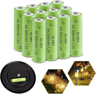 JINTION AA Rechargeable Batteries, Double A 800mAh High Capacity 1.2V Solar Lights Ni-MH AA Pre-Charged Battery for Solar Lantern, String Lights, Pathway Light (AA-800mAh-12pack)