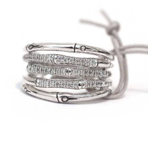 JOHN HARDY Ladies Bamboo Sterling Silver Diamond 0.2 ct Wide Ring Size 7 New