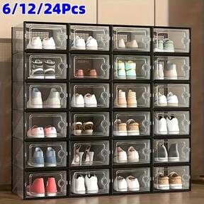 JUMPAIR  /12/24 Pcs Thick Transparent Shoe Box With Lid, Foldable Stackable Plastic Sneaker Storage Box, Space-Saving Organizer For Home Bedroom Dorm JUMPAIR $8.10 71% OFF