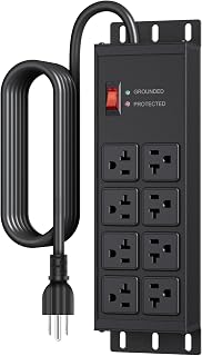 JUNNUJ Heavy Duty Surge Protector, 12 Gauge Extension Cord, Black, 6 FT | Metal Wall Mount 8 Outlets Power Strip, High Amp Outlet Extender for Garage Industrial Shop, 4800J