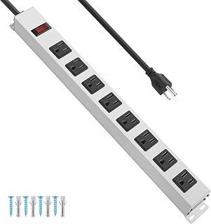 JUNNUJ Metal Long 8 Outlet Power Strip Surge Protector, White, 6 FT, 1 | 14AWG Heavy Duty Extension Cord with Multiple Outlets, Wall Mount Gaming Desk Strips Wide Spaced, with Switch, ETL Listed