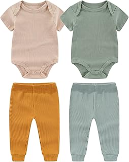 Kiddiezoom Newborn Baby Layette Set 4-Piece with Bodysuits and Pants Set for Newborn Baby Boy and girls Gift Sets