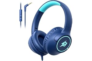 Kids Headphones Wired for School, 3.5mm Safe Volume Limited with Mic, Navy | Plug in Kid headphones with Cord, Over Ear Foldable, 85/94dB for Toddler Boy Girl Classroom Chromebook Tablet Airplane Travel
