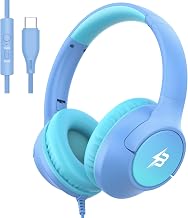 Kids Headphones Wired with USBC Plug, 85/94dB Volume Limit Foldable USB Type C Headphones for Kids Boys Girls, Plug in Headphone Over Ear Wired Headphones for School/Tablet/Travel, Gradient Light Blue