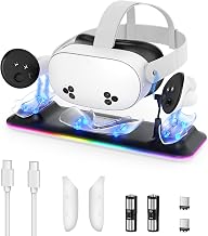 KINWIN VR Charging Dock Station for Meta Quest 3S/3 Headset & Controller | Fast Magnetic VR Charger Station Stand for Oculus Quest 3S/3 Accessories, RGB Light, 2 Rechargeable Batteries & Covers, Cable