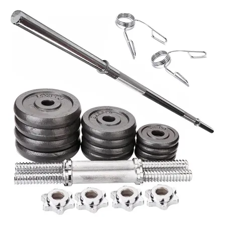 Kit Barra Maciza 1.50m + 2 Mancuernas + Discos Hierro 20kg