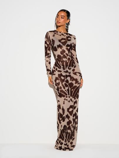 KIZN Long Sleeve Bodycon Maxi Dress With Leopard Abstract Animal Print Crew Neck Fitted Silhouette Evening Party