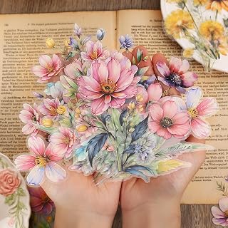 Knaid 120 Pieces Watercolor Flower Stickers Set - Big 4.7" Waterproof Clear Botanical Floral Journaling Sticker for Scrapbook Junk Journal Supplies Bullet Journals Planner Collage Laptop Paper Crafts