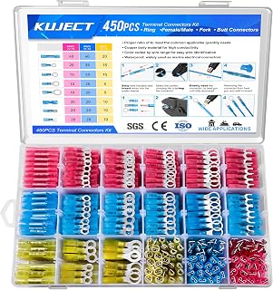 Kuject 450PCS Heat Shrink Wire Connectors, Multipurpose Waterproof Electrical Wire Terminals kit, Insulated Crimp Connectors Ring Fork Spade Butt Splices for Automotive Marine Boat Truck