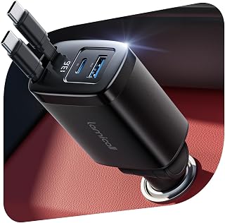 Lamicall 87W Retractable Car Charger USB C Fast Charge, Dual Type C Cables | 4 in 1 Type C Car Charger Adapter for iPhone 17 16 15 Pro Max Galaxy Ultra Pixel Android, Road Trip Essentials for Men Women