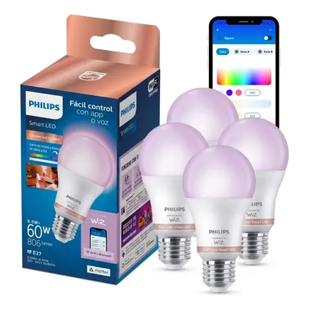 Lampara Led Philips Smart Wifi Color E27 Inteligente Rgbw Pack X4