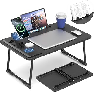 Lap Desk Bed Table with Wireless Charger - Foldable Large Laptop Tray with Tablet Slot and Book Shelf, No Assembly Table for Couch Chair Floor for Sturdy, Writing, Studying Eating, and WFH