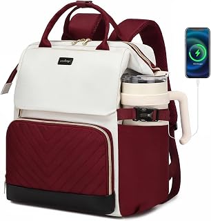 Laptop Backpack for Women, College Bookbag School Backpack for High School Teen Girls, Work Bags with Cup Holder & USB Charger for Teacher Nurse Travel, Beige Wine