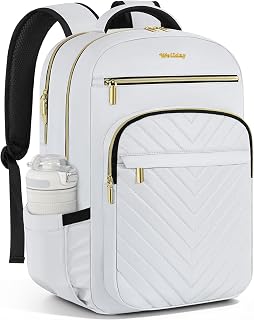 Laptop Backpack for Women with Cup Pocket, 17.3in Travel Work Purse Bookbag for Teacher Nurse, Large-Capacity 40L College Back Pack, Water Resistant Computer Business Bag, White