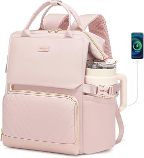 Large Bookbag for Women Laptop Backpack, Teacher Nurse Work Computer Bags with Cup Holder & USB Charger for Travel, School Bag College Back Pack for Girls, Pink