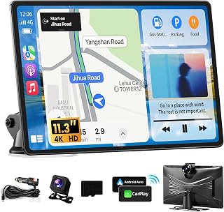 Largest 11.3" Portable Apple Carplay Screen, Wireless Car Play & Android Auto Touch Screen, Car Stereo with App View/4K Dash Cam/Backup Camera/Mirror Link/Voice Control/Music Play/GPS/Bluetooth/FM