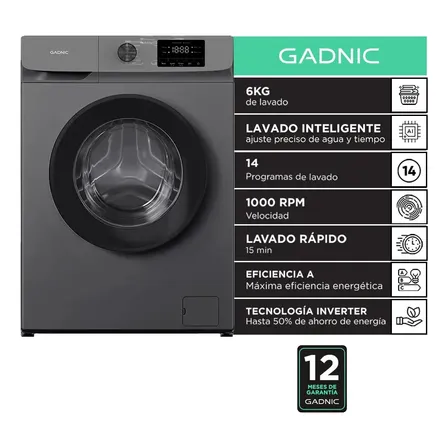 Lavarropas Automatico Gadnic 6kg Carga Frontal Inverter 1000 Rpm 14 Programas 1850w Clase A Gris