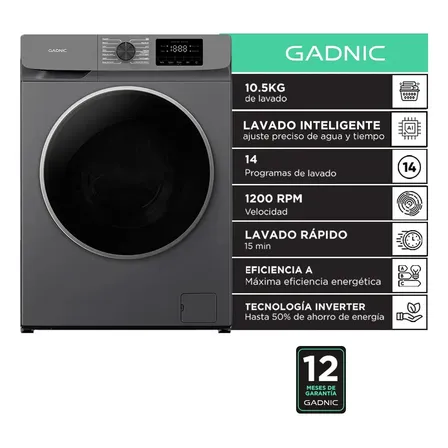 Lavarropas Autom&aacute;tico Gadnic Inverter 10,5kg Carga Frontal 1200 Rpm 16 Programas Vapor Gris