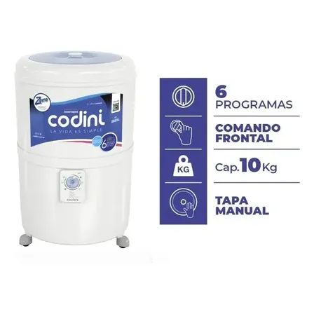Lavarropas Codini Silent 10kg 6 Programas Blanco