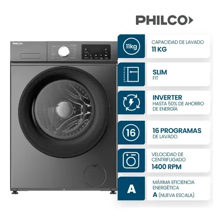 Lavarropas Philco 11 Kg Carga Frontal Inverter Slim Fit Grey