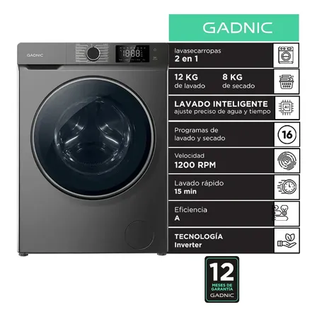 Lavasecarropas Automatico Gadnic Carga Frontal 12 Kg Lavado 8 Kg Secado Motor Inverter 1200 RPM Lavado Rapido
