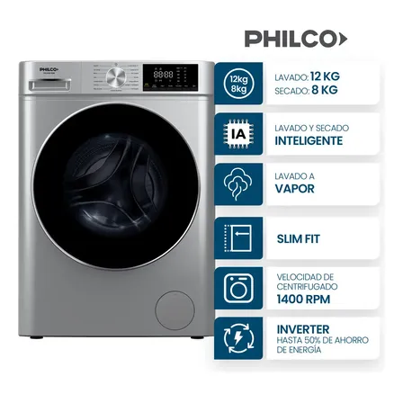 Lavasecarropas Philco Carga Frontal 12/8 Kg Inverter Color Gris Silver