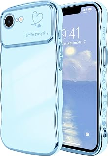 LCHULLE for iPhone 17e/16e Case Cute for Women Girls Wave Shape, Baby Blue | Luxury Plating Curly Wavy Frame with Love Heart Pattern, Raised Camera Protection Back Cover Shockproof Phone Case