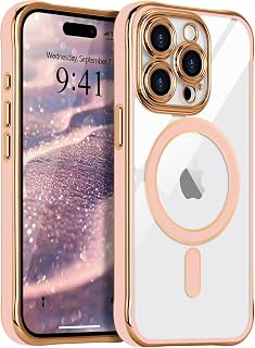 LCHULLE Magnetic for iPhone 15 Pro Case Clear Luxury Plating -Baby Pink | [Compatible with MagSafe] Full Camera Lens Protection, Soft Silicone Hard Back Cover for Women Men Shockproof Phone Case